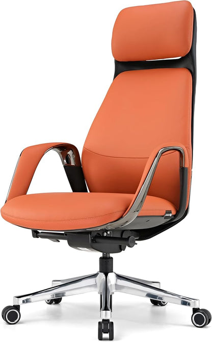 EUREKA ERGONOMIC Serene Executive Office Chair Genuine Leather, Modern Executive Chair 135° Back Support Comfy Desk with Arms & Aluminum Base for Home-Orange