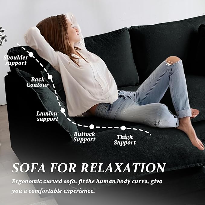 SoarFlash Chenille Sectional Sofa, Comfy L Shaped Modular Coush Sofa with Ottoman, Modern 2 Seat Couch Deep Seat Sofa Set for Living Room,Black