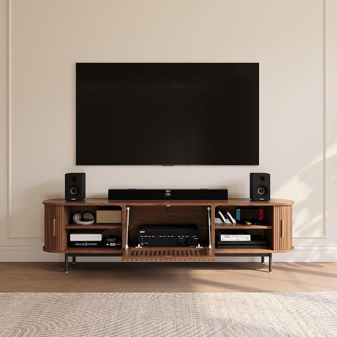 POVISON Fully-Assembled Mid Century Modern TV Stand for 75 inch TV, Sliding Door Entertainment Center with Storage, Wood TV Console, Media Console for Living Room Bedroom(Walnut, 78.74")