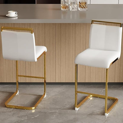 Counter Height Bar Stools Set of 2,Bar Stools with Back,25" White Island Chairs with Gold Chrome Plated Metal Leg,Faux Leather Barstools for Pub Kitchen Counter Dining Chair