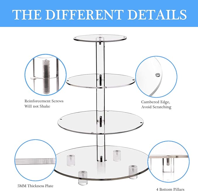 YestBuy 4 Tier Round Cupcake Stand – Premium Cupcake Holder – Acrylic Cupcake Tower Display- Cady Bar Party Décor + LED Light String – Ideal for Weddings, Birthday Parties & Events (Blue)