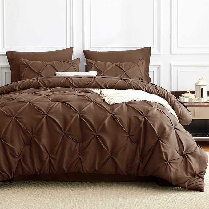 CozyLux King Size Comforter Set Brown, 7 Pieces Pintuck Bed in A Bag Brown Comforter King Size, Pinch Pleat Bedding Set with All Season Comforter, Sheets, Pillowcases & Shams