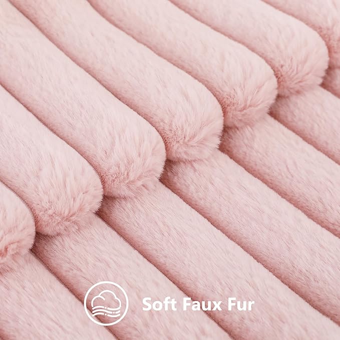 decorUhome Faux Fur Throw Pillow Covers 22x22 Set of 2, Decorative Soft Plush Striped Neutral Euro Pillow Covers with Velvet Back for Bed, Living Room Home Decor, Pink
