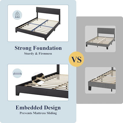 Allewie Full Size Bed Frame with Adjustable Headboard, Faux Leather Platform Bed with Wood Slats, Heavy Duty Mattress Foundation, No Box Spring Needed, Noise-Free, Easy Assembly, Black