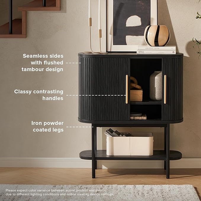 mopio Quin Storage Cabinet, Tambour Fluted Entryway Accent Console Tables, Buffet Sideboard with Doors & Shelves, Pantry Coffee Wine Bar Cabinet, Wood Console Table, Mid Century Modern (Black)