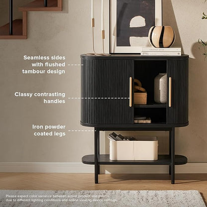 mopio Quin Storage Cabinet, Tambour Fluted Entryway Accent Console Tables, Buffet Sideboard with Doors & Shelves, Pantry Coffee Wine Bar Cabinet, Wood Console Table, Mid Century Modern (Black)