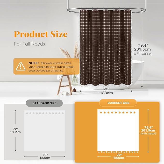 BTTN 78 Inch Long Shower Curtain - Boho Farmhouse Linen Ultra Thick Fabric Shower Curtain Set with Plastic Hooks, Tall Rustic Country Weighted Cloth Shower Curtains for Bathroom Decor - Brown - 72x78