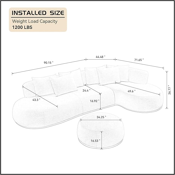 WILLIAMSPACE 134.63" Oversize Curved Sofa Cloud Couch with Round Chaise & Ottoman, Modern Upholstered Curved Sectional Sofa Couch with 6 Pillows for Living Room, No Assembly (Right-Facing,Orange)