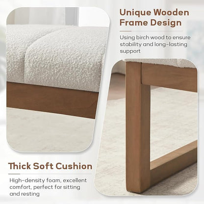 52.7" Bedroom Bench for End of Bed, Modern Upholstered Teddy Fabric Entryway Bench & Dining Bench, Footrest Stool Bench with Solid Wood Frame for Bedroom, Living Room (Beige)