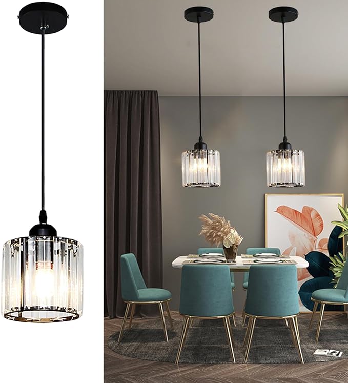Crystal Pendant Lights Black 1 Light Cluster Ceiling,Modern Hanging Light Fixture for Kitchen Island,Adjustable Round Chandelier for Farmhouse,Dining Room,Foyer,Living Room with LED Bulb
