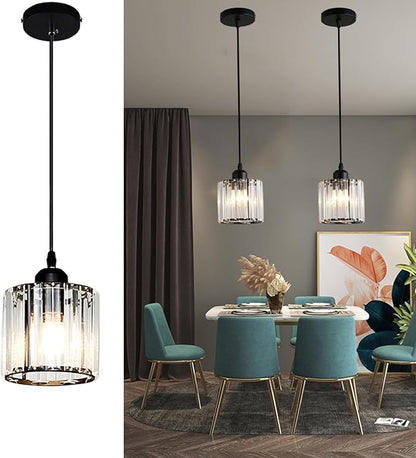 Crystal Pendant Lights Black 1 Light Cluster Ceiling,Modern Hanging Light Fixture for Kitchen Island,Adjustable Round Chandelier for Farmhouse,Dining Room,Foyer,Living Room with LED Bulb