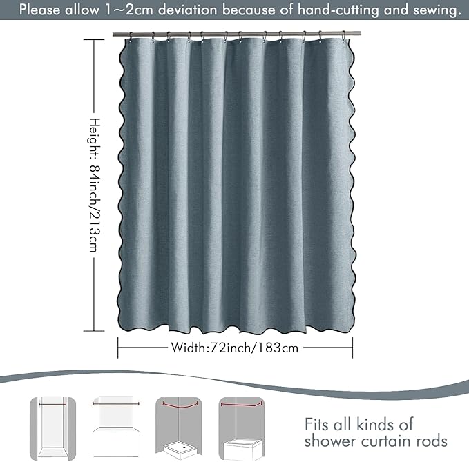 MIULEE 84" Long Scalloped Shower Curtain Linen Textured with 12 Metal Hooks Cute Extra Long Heavy Duty Washable Waterproof Cloth Shower Curtains with Black Border for Bathroom Hotel,Dusty Blue