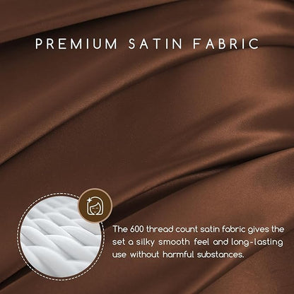 MR&HM Satin Bed Sheets, King Size Sheets Set, 4 Pcs Silky Bedding Set with 15 Inches Deep Pocket for Mattress (King, Brown)