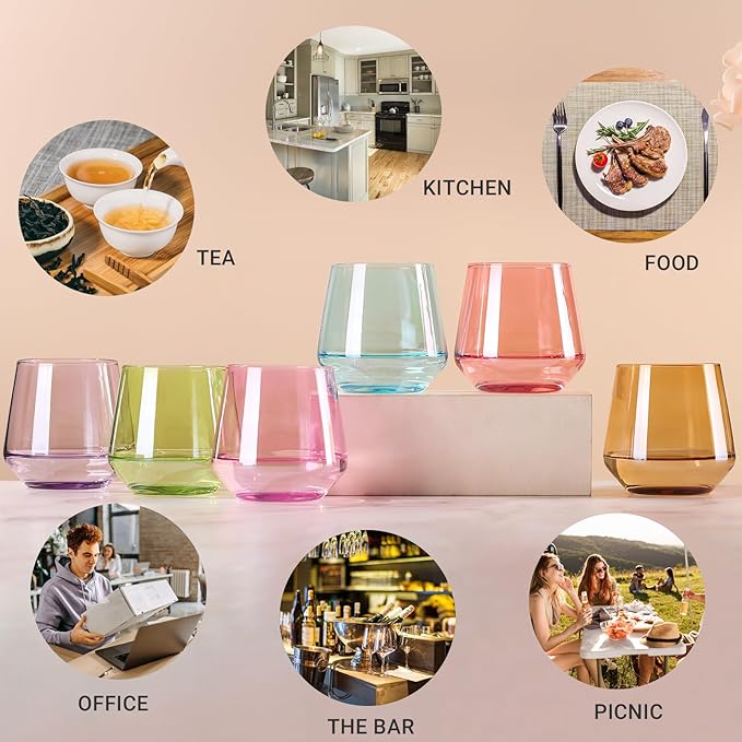 Physkoa Colored Stemless Wine Glasses Set of 6, Multi color Wine Glasses14oz,Diamond Shaped Cocktail Glass,Colorful Short Tumblers.Unique Drinkware for Home Party
