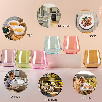 Physkoa Colored Stemless Wine Glasses Set of 6, Multi color Wine Glasses14oz,Diamond Shaped Cocktail Glass,Colorful Short Tumblers.Unique Drinkware for Home Party
