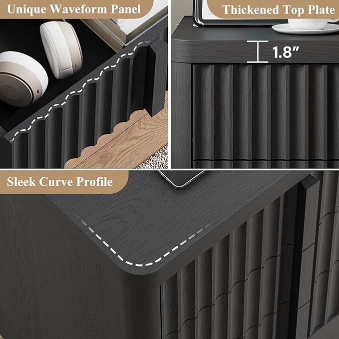 Fluted Dresser for Bedroom, 48" Tall 6 Drawer Dresser, Modern Chest of Drawers with Solid Wood Handle, Curved Profile Design, Wood Dressers Storage Organizer, Living Room, Hallway, Black