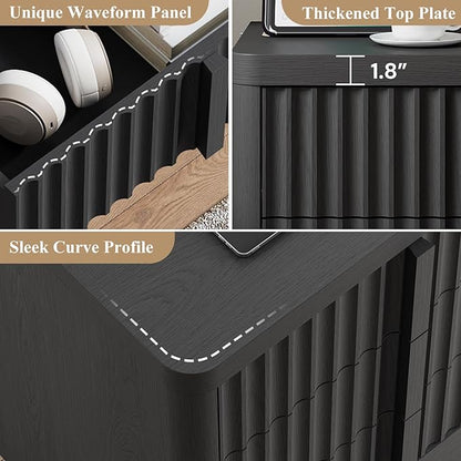 Fluted Dresser for Bedroom, 48" Tall 6 Drawer Dresser, Modern Chest of Drawers with Solid Wood Handle, Curved Profile Design, Wood Dressers Storage Organizer, Living Room, Hallway, Black