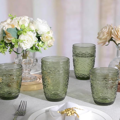 14OZ Drinking Glasses Set of 4, Green Drinking Glasses, Colored Glassware Drinking, Highball Beverage Glasses Cup, Vintage Glassware Set for Water, Juice, Cocktail, Coffee