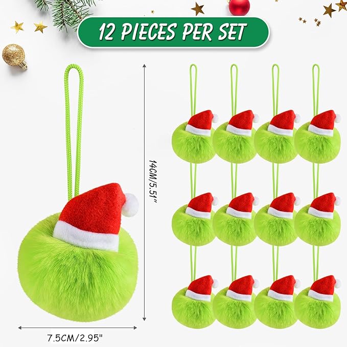 ASTARON 12 Pcs Christmas Lime Green Furry Ball Ornaments for Christmas Tree Decorations Soft Faux Fur Pom Pom Ball Ornaments for Fireplace Mantel Wall Xmas Decor Party Supplies