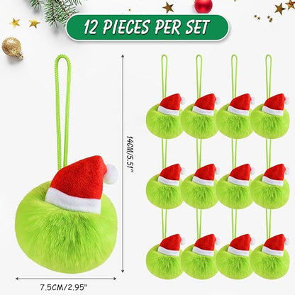 ASTARON 12 Pcs Christmas Lime Green Furry Ball Ornaments for Christmas Tree Decorations Soft Faux Fur Pom Pom Ball Ornaments for Fireplace Mantel Wall Xmas Decor Party Supplies