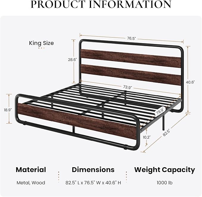 SHA CERLIN King Size Metal Bed Frame with Wooden Headboard and Footboard, Heavy Duty Platform Bed Frame with 10" Under-Bed Storage, Noise-Free, No Box Spring Needed, Mahogany