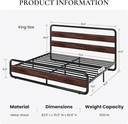 SHA CERLIN King Size Metal Bed Frame with Wooden Headboard and Footboard, Heavy Duty Platform Bed Frame with 10" Under-Bed Storage, Noise-Free, No Box Spring Needed, Mahogany
