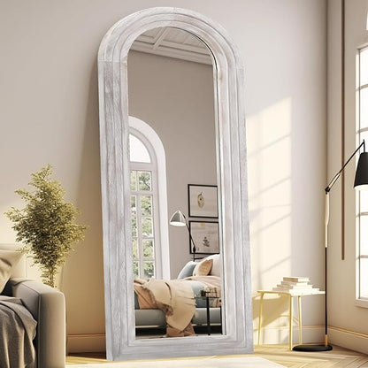 Arched Full Length Mirror with Solid Wood Frame, 65x22 Farmhouse Wall Mirror Full Length with Stand, Vertical Hanging, Leaning Standing for Bedroom, Living Room, Rustic White