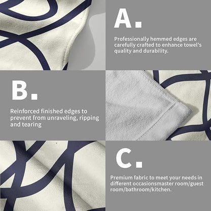 Modern Style Kitchen Towels Navy Blue Geometrical Stripe Set of 2 Quick Dry Microfiber Flower Pattern for Home Kitchen