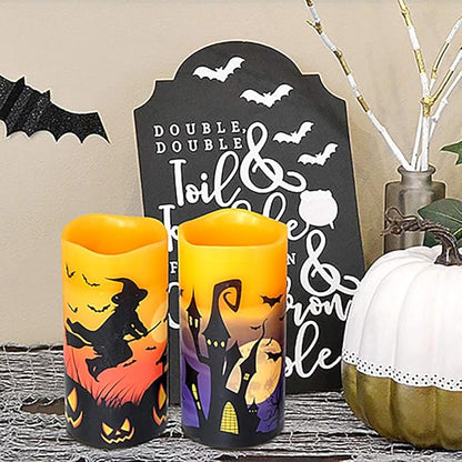 Eldnacele Halloween Flameless Flickering LED Candles with 6-Hour Timer, Battery Operated Wax Candles Assorted Decals Witch, Bats, Castle Set of 3 for Decoration