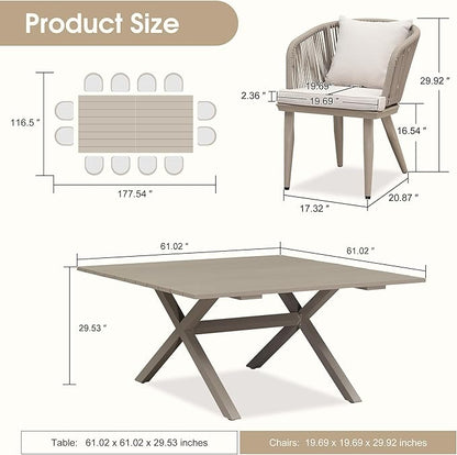 PURPLE LEAF 14 Pieces Patio Dining Table Set Wicker Outdoor Furniture Oversize Rectangular Table and Chairs Set for Garden Deck Aluminum Frame Backyard Kitchen Set, Cushions and Pillows Included Champagne