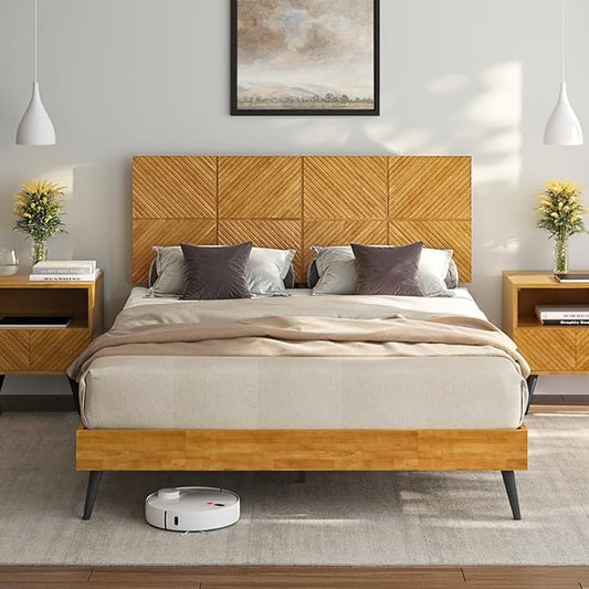 Bme Rhombus Queen Bed Frame – Solid Acacia Wood with Geometric Rhombus Headboard, Teak Brown Finish, Scandinavian Modern Platform Bed with Sturdy Slats & Metal Legs, No Box Spring Needed