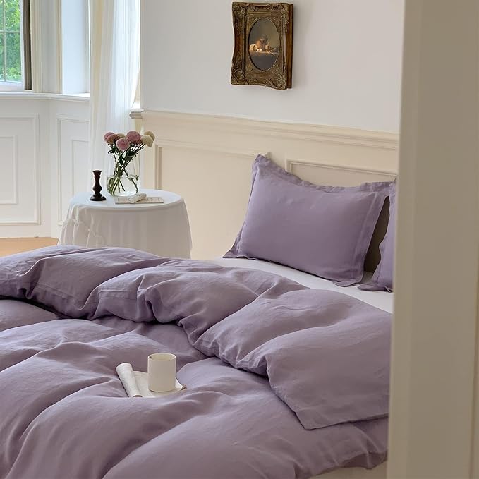 Simple&Opulence 100% Linen Duvet Cover Set, 3 PCS Natural French Flax Lilac Duvet Cover King Size, Breathable Soft Comfy Linen Bedding Comforter Cover with 2 Pillowcases(Lilac, 104"x92")