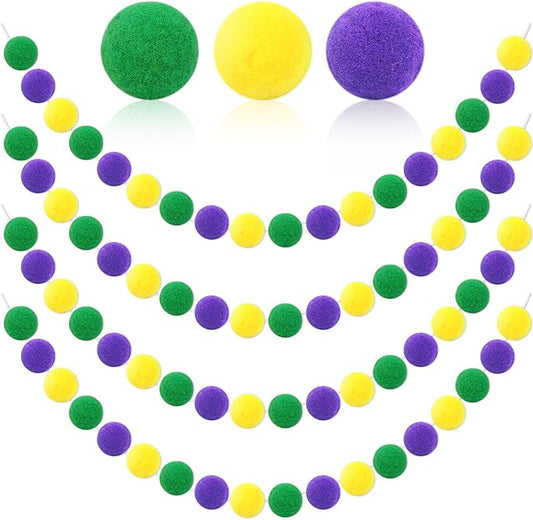 MARFOREVER 4 Pack 26.3 Feet Mardi Gras Decorations Mardi Gras Pom Pom Garland 30 Balls Yellow Green Purple Felt Garland Hanging Supplies for Mardi Gras Carnival Celebration Party Home Outdoor Decor