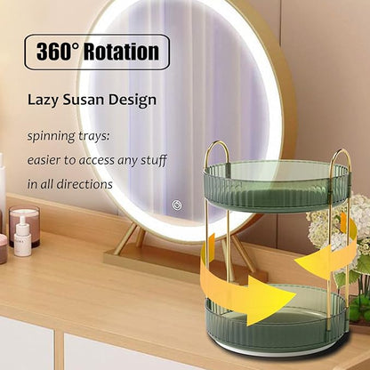 Rotating Makeup Organizer Countertop 2 Tier Lazy Susan Clear Skincare Perfume Storage for Bathroom Counter Vanity, Green Gold