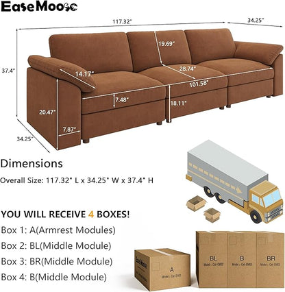 EASE MOOSE Brown Sectional Modular Sofa, Comfty 3 Seat Cloud Couch, FSC Certified Modern Deep Seat Sectional for Living Room
