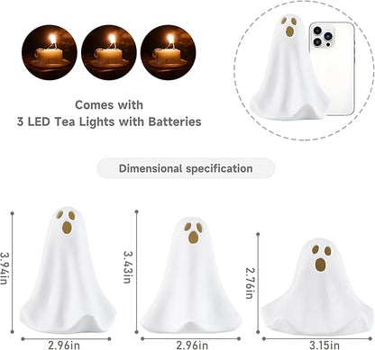 Ghost Decor, 3Pcs Light Up Ghosts for Indoor Halloween Decorations, Battery Powered White Mini Ghost Figurines with LED for Spooky Halloween, Home Tabletop Shelf Centerpieces