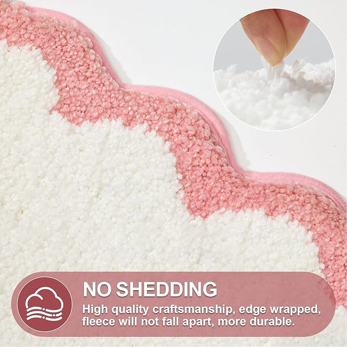 ORTIGIA Scalloped Pink Bathroom Rugs Non Slip Washable, Quick Dry Absorbent Soft Plush Microfiber Bath Mats, Bath Rugs for Bathroom Floor for Sink Bedroom, Pink and White, 20x32