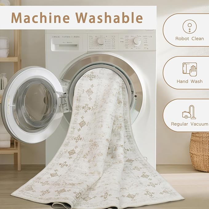 Washable Rugs 8x10 Area Rugs for Living Room,Rugs for Bedroom,Large Carpets,Ultra Soft Faux Wool Retro Dining Room Rug,Non Slip&Non-Shedding Low Pile Vintage Print Rug for Home Office-Beige