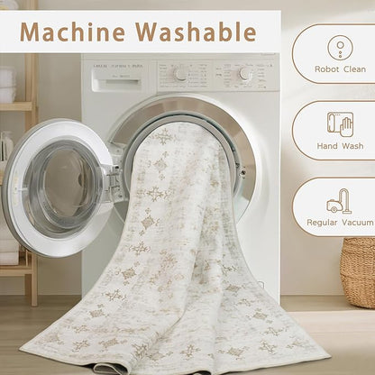 Washable Rugs 8x10 Area Rugs for Living Room,Rugs for Bedroom,Large Carpets,Ultra Soft Faux Wool Retro Dining Room Rug,Non Slip&Non-Shedding Low Pile Vintage Print Rug for Home Office-Beige