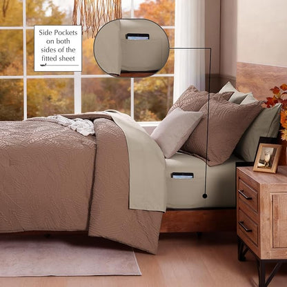 Geniospin Full Size Comforter Set - Brown Textured Bedding Sets Full 7 Pieces, Bed in A Bag with Comforter, Sheets, Pillowcases & Shams, All Season Brown Bedding