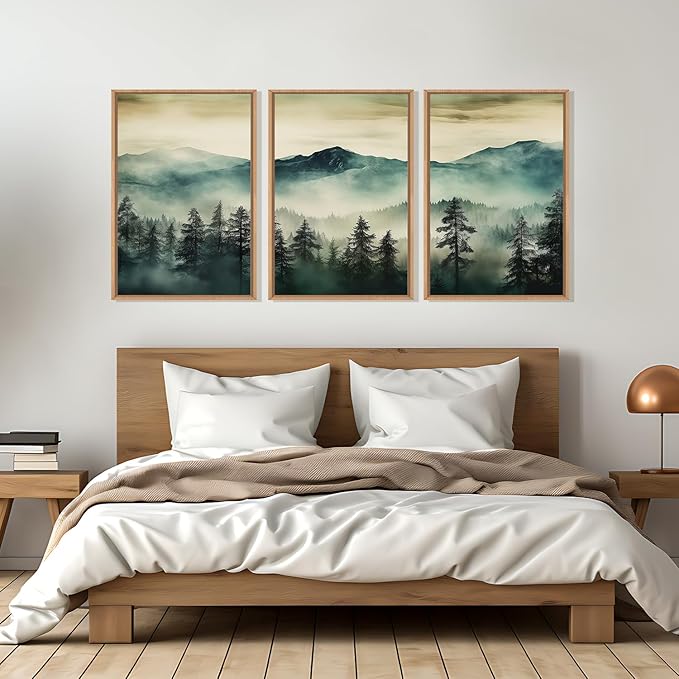 HOURIA Large Boho Mountain Forest Framed Canvas Wall Art Set,Nature Foggy Woodland Wall Decor,Modern Pine Tree Artwork,Watercolor Botanical Art Print for Living Room,Bedroom,Farmhouse- 24"x36"x3