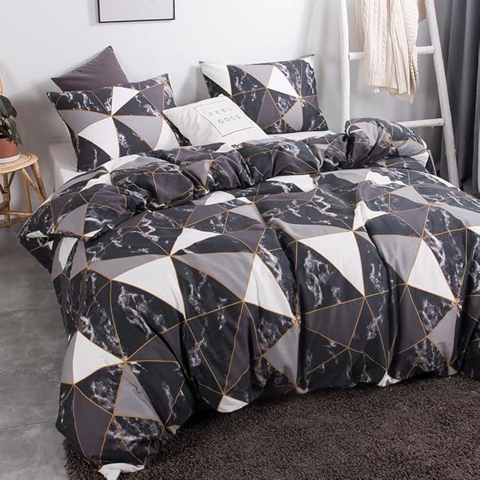 CLOTHKNOW Black Grey White Queen Comforter Set Marble Bedding Comforter Sets Soft Triangle Geometric Comforter with 2 x Pillow Cases