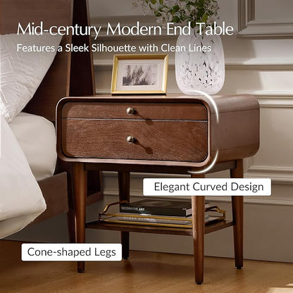 HULALA HOME Nightstand Set of 2 with Pull-Out Shelf, Mid Century Modern End Table with Storage Drawer, Charging Station, Solid Wood Legs, Walnut