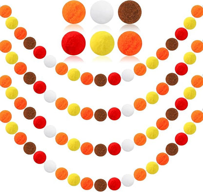 MARFOREVER 4 Pack 26.3 Ft Fall Pom Pom Garlands, Thanksgiving 30 Balls Oange Yellow Fall Felt Ball Garlands Decorations for Autumn Harvest Thanksgiving Day Party Home Classroom Hanging Decor Supplies