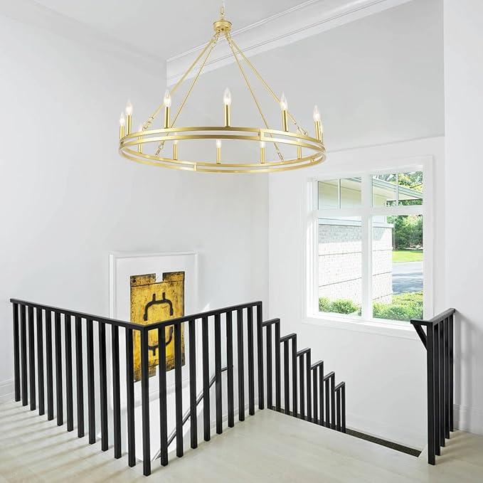 12-Light Wagon Wheel Chandelier 38 inch Large Gold Chandeliers for High Ceilings Round Farmhouse Gold Light Fixtures Over Table Rustic Hanging Light for Dining Room,Foyer,Living Room,Outdoor