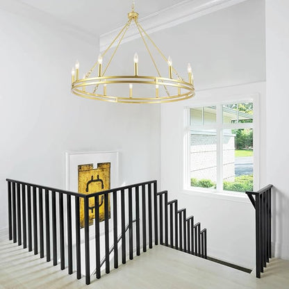 12-Light Wagon Wheel Chandelier 38 inch Large Gold Chandeliers for High Ceilings Round Farmhouse Gold Light Fixtures Over Table Rustic Hanging Light for Dining Room,Foyer,Living Room,Outdoor