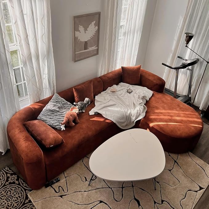 Acanva Luxury Modern Tight Curved Back Velvet Sofa, Minimalist Style Comfy Couch for Living Room Apartment, L-Shape Right Chaise, Tangerine