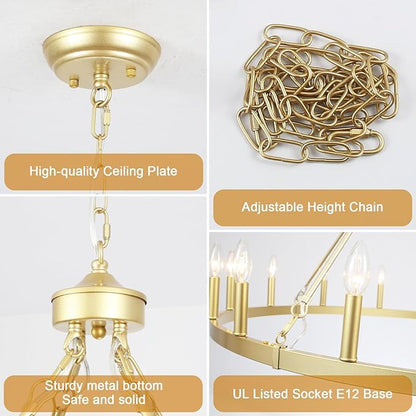 16-Light Gold Wagon Wheel Chandelier 47in Large Chandeliers for High Ceilings Round Farmhouse Light Fixtures Over Table Rustic Light Fixture for dining room,Foyer,Living Room,High Ceiling,Entryway,E12