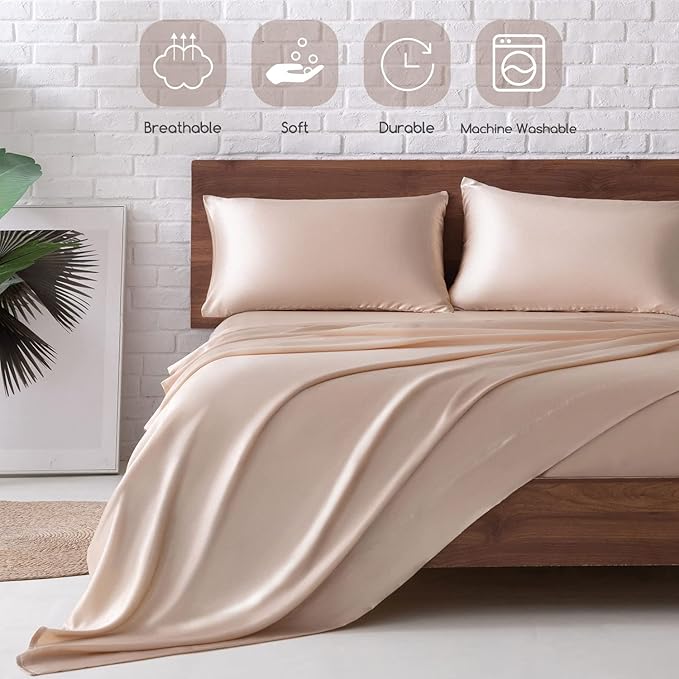 MR&HM Satin Bed Sheets, Twin Size Sheets Set, 3 Pcs Silky Bedding Set with 15 Inches Deep Pocket for Mattress (Twin, Champagne)