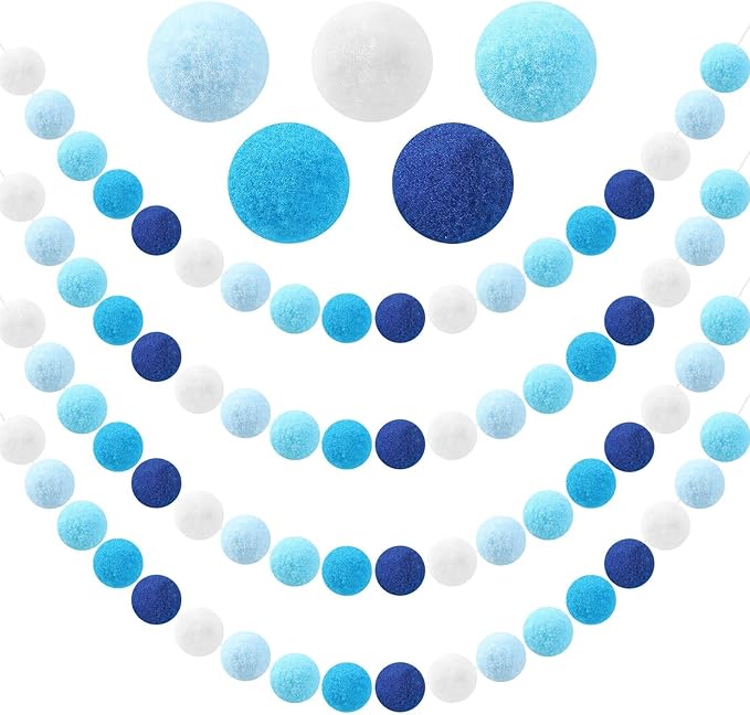 MARFOREVER 4 Pack 26.3 FT Hanukkah Pom Pom Garland, 30 Balls Blue White Winter Chanukkah Garland Hanging Supplies for Hanukkah Jewish Classroom Fireplace Wall Birthday Baby Shower Party Decoration